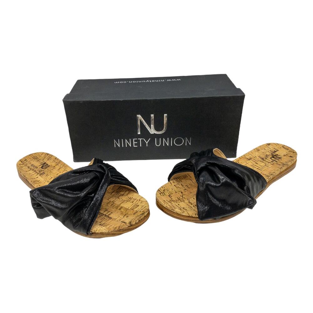 Ninety Union Bow Cork Slide Sandal Women 10 Black Metallic Summer Platform